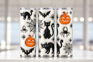 Black cats, jack-o-lanterns and webs on white — three views of one stainless steel tumbler