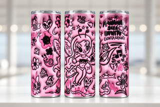 Pink witch cartoon with Halloween doodles — three views of one stainless steel tumbler