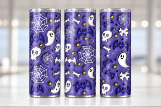 Ghosts, skulls, bats and webs on purple — three views of one stainless steel tumbler