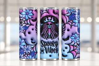 Spooky Vibes: skeleton coffee-logo parody and blue flowers — three views of one stainless steel tumbler