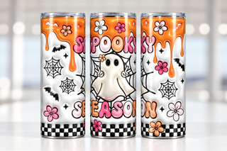 Spooky Season: ghost, flowers and orange drips — three views of one stainless steel tumbler