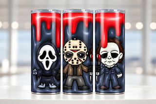 Screaming-Mask Character, Hockey-Masked Character and Pale-Masked Character with blood drips — three views of one stainless steel tumbler