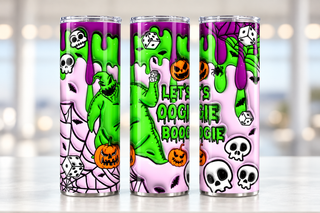 Burlap Creature, dice and pumpkins — three views of one stainless steel tumbler