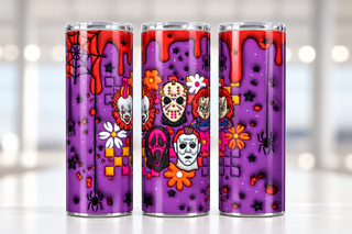 Horror masks, flowers and webs on purple — three views of one stainless steel tumbler