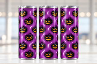 Black jack-o-lanterns on purple — three views of one stainless steel tumbler