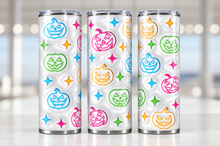 Multicolored outline jack-o-lanterns on white — three views of one stainless steel tumbler