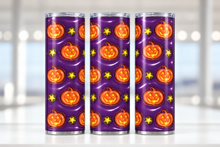 Orange jack-o-lanterns and stars on purple — three views of one stainless steel tumbler