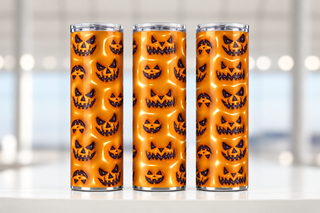 Black jack-o-lantern faces on orange — three views of one stainless steel tumbler