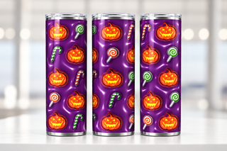 Jack-o-lanterns and candy on purple — three views of one stainless steel tumbler