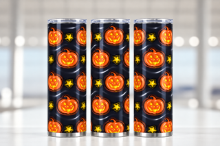 Jack-o-lanterns and stars on black — three views of one stainless steel tumbler