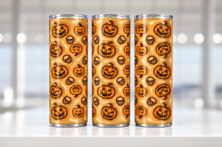 Jack-o-lanterns and skulls on tan — three views of one stainless steel tumbler