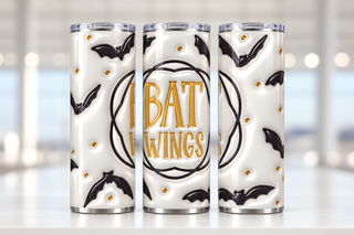Bat Wings: black bats and gold lettering — three views of one stainless steel tumbler