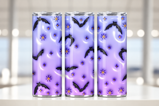 Bats, moons and flowers on lavender — three views of one stainless steel tumbler