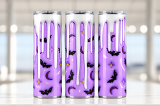 Bats on lavender with white drips — three views of one stainless steel tumbler