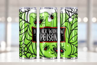 Black Widow Poison: spiders on green — three views of one stainless steel tumbler