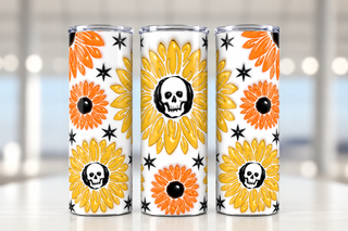 Sunflowers with skull centers — three views of one stainless steel tumbler
