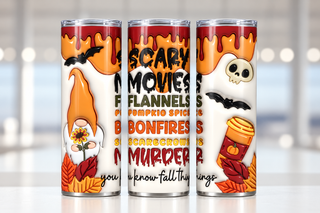 Scary Movies Flannels Pumpkin Spice Bonfires Murder — three views of one stainless steel tumbler