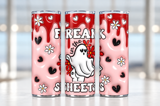 Freak in the Sheets: ghost and flowers — three views of one stainless steel tumbler