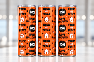 Trick or Treat / Boo / Happy Halloween orange pattern — three views of one stainless steel tumbler