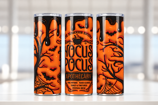 Witch Apothecary: orange drip design — three views of one stainless steel tumbler