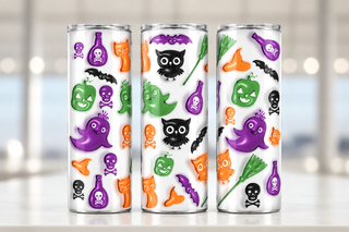 Colorful Halloween icons: cats, ghosts and potions — three views of one stainless steel tumbler