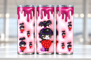 Cartoon Woman dressed as a witch on pink — three views of one stainless steel tumbler