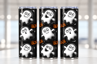 White ghosts with Boo on black — three views of one stainless steel tumbler