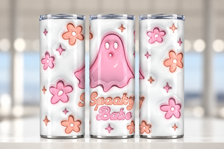 Spooky Babe: pink ghost and flowers — three views of one stainless steel tumbler
