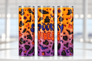 Spooky Vibes: Halloween icons on orange-purple — three views of one stainless steel tumbler