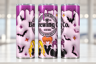 Witch Brewing: pink-purple silhouette design — three views of one stainless steel tumbler