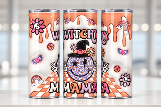 Witch Mama: witch-hat smiley and flowers — three views of one stainless steel tumbler