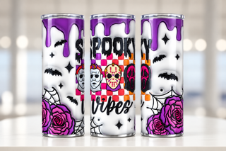 Spooky Vibes: horror masks and purple roses — three views of one stainless steel tumbler