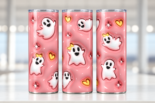 Cute white ghosts and yellow hearts on pink — three views of one stainless steel tumbler