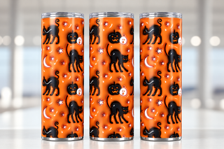Black cats, pumpkins and moons on orange — three views of one stainless steel tumbler