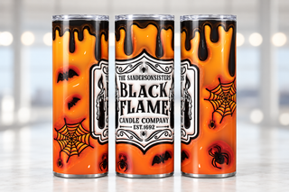 Witch Candle on orange — three views of one stainless steel tumbler