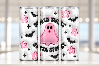 Sorta Sweet Sorta Spooky: pink ghost — three views of one stainless steel tumbler