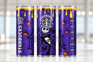 Striped-Suit Skeleton coffee parody on purple — three views of one stainless steel tumbler