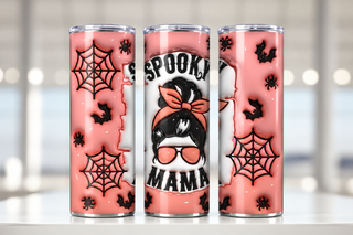 Spooky Mama: bun, bow and sunglasses — three views of one stainless steel tumbler