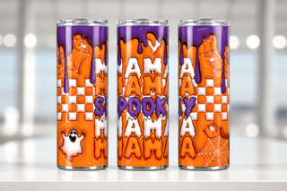 Spooky Mama repeated lettering on orange checkerboard — three views of one stainless steel tumbler