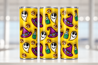 Ghosts, witch hats and potion bottles on yellow — three views of one stainless steel tumbler