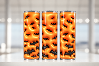 Black bats on orange — three views of one stainless steel tumbler