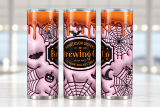 Witch Brewing: pink web design — three views of one stainless steel tumbler