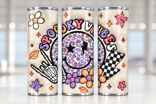 Spooky Vibes: leopard smiley and skeleton hand — three views of one stainless steel tumbler