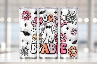 Spooky Babe: ghost, flowers and webs — three views of one stainless steel tumbler