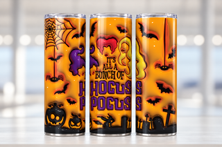Witch Lettering on orange — three views of one stainless steel tumbler