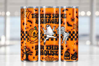 Theres Some Horrors in This House on orange — three views of one stainless steel tumbler