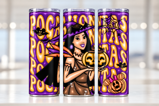 Witch holding a pumpkin with spell wording — three views of one stainless steel tumbler