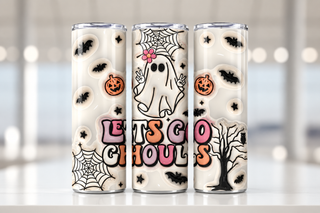 Lets Go Ghouls: ghost, pumpkins and webs — three views of one stainless steel tumbler