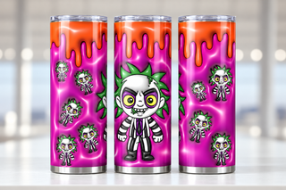 Striped-Suit Character character on pink with blood drips — three views of one stainless steel tumbler