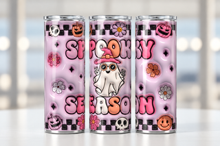 Spooky Season: witch-hat ghost on pink — three views of one stainless steel tumbler